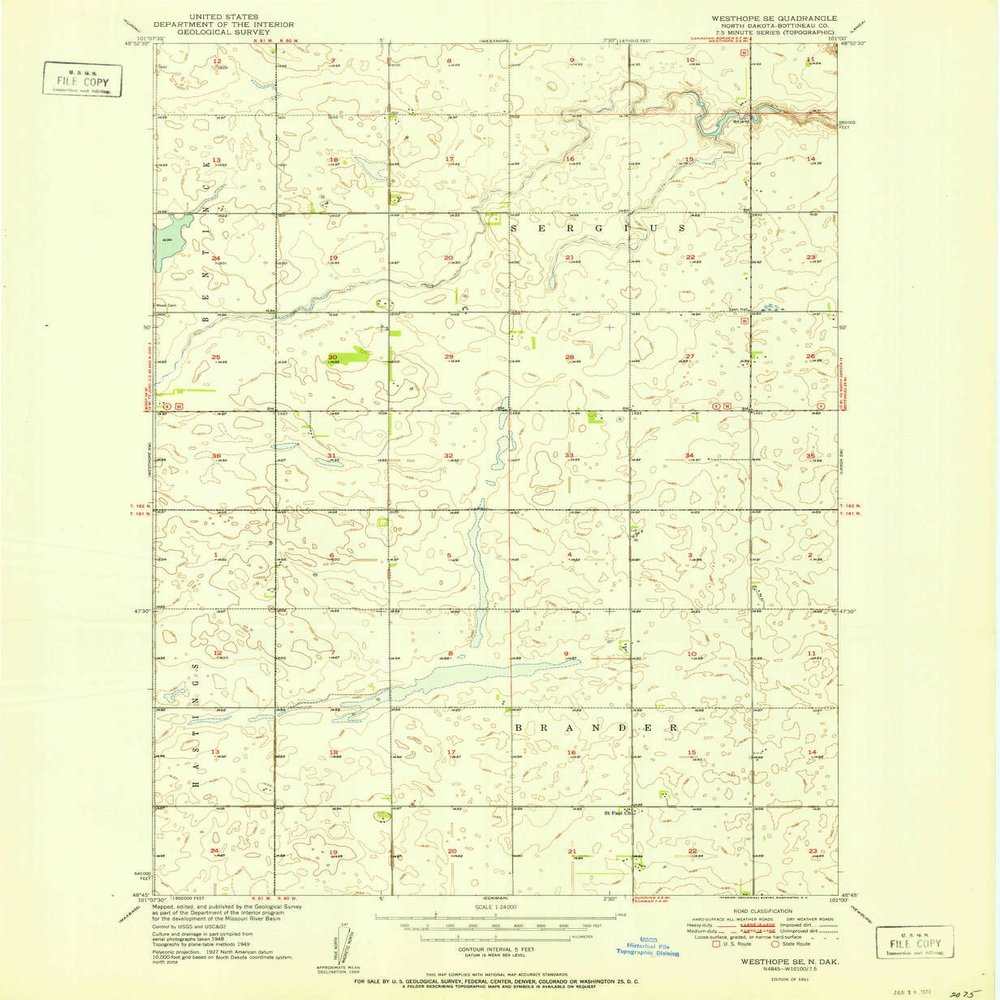 YellowMaps Westhope SE ND topo map, 1:24000 Scale, 7.5 X 7.5 Minute, Historical, 1951, Updated 1951, 26.8 x 22 in - Polypropylene