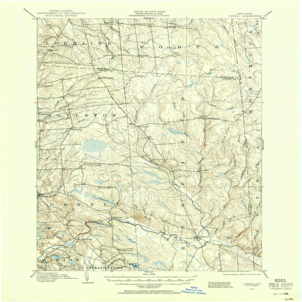 Orwell NY topo map, 1:62500 Scale, 15 X 15 Minute, Historical, 1903, Updated 1955, 20.9 x 17 in - Tyvek