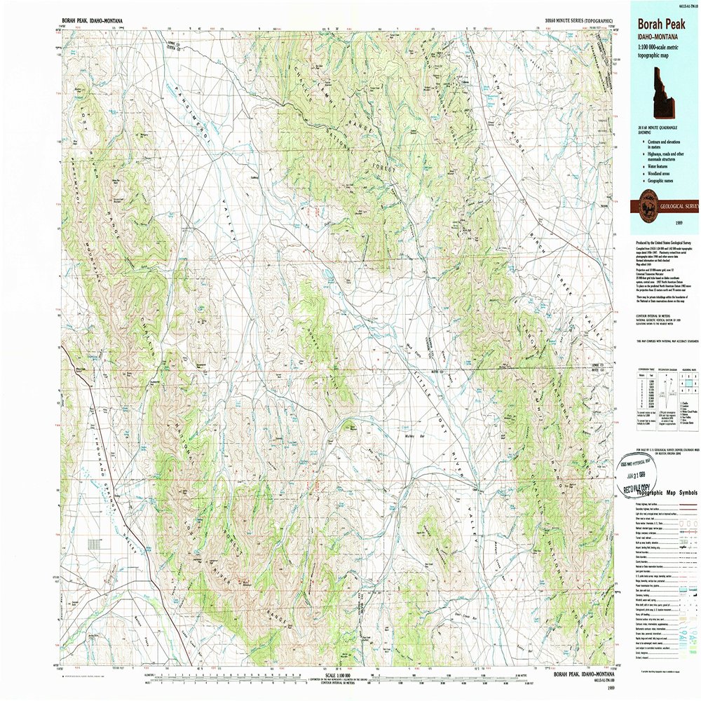 YellowMaps Borah Peak ID topo map, 1:100000 Scale, 30 X 60 Minute, Historical, 1989, Updated 1989, 24.1 x 39.9 in - Polypropylene