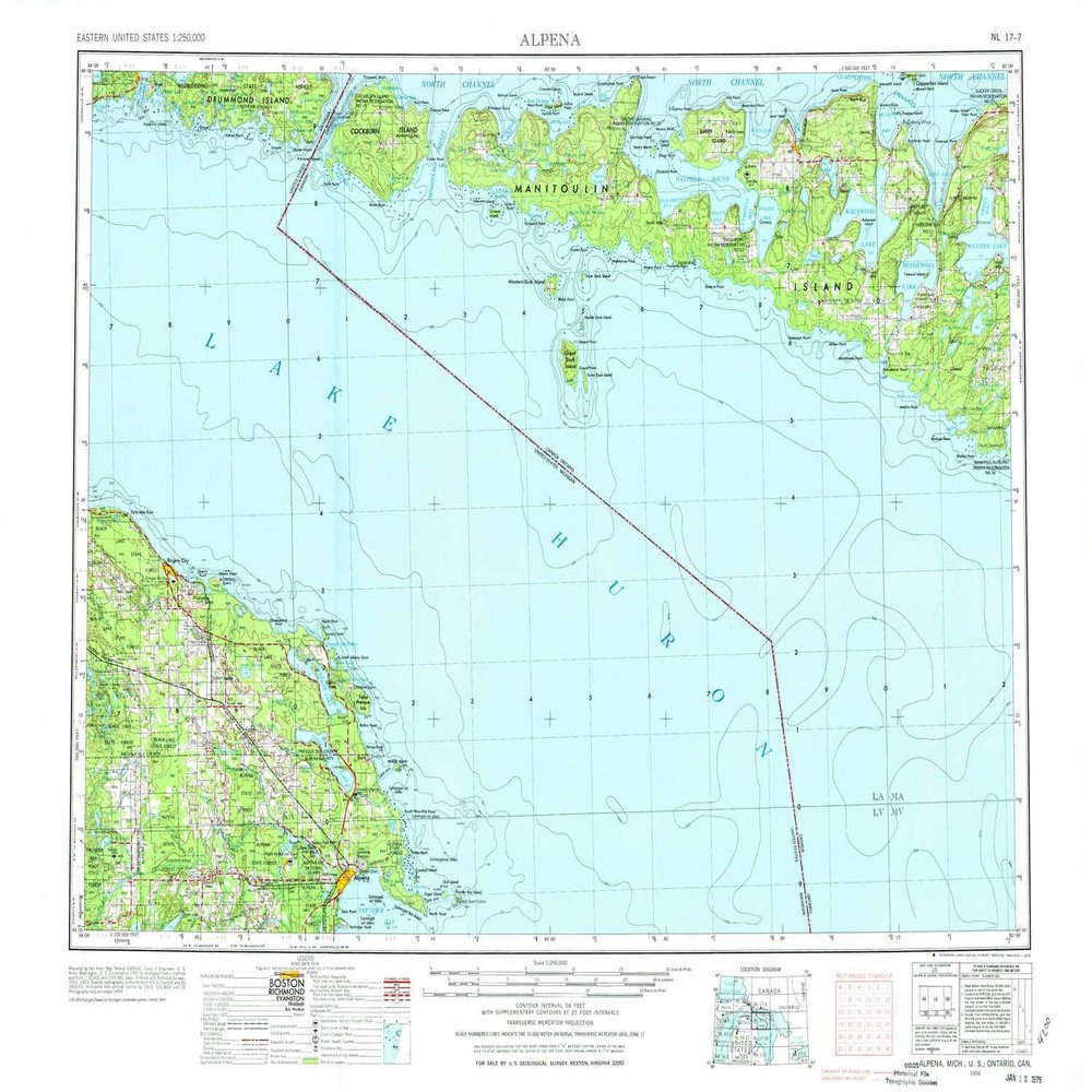 YellowMaps Alpena MI topo map, 1:250000 Scale, 1 X 2 Degree, Historical, 1954, Updated 1978, 22.2 x 29.1 in - Tyvek