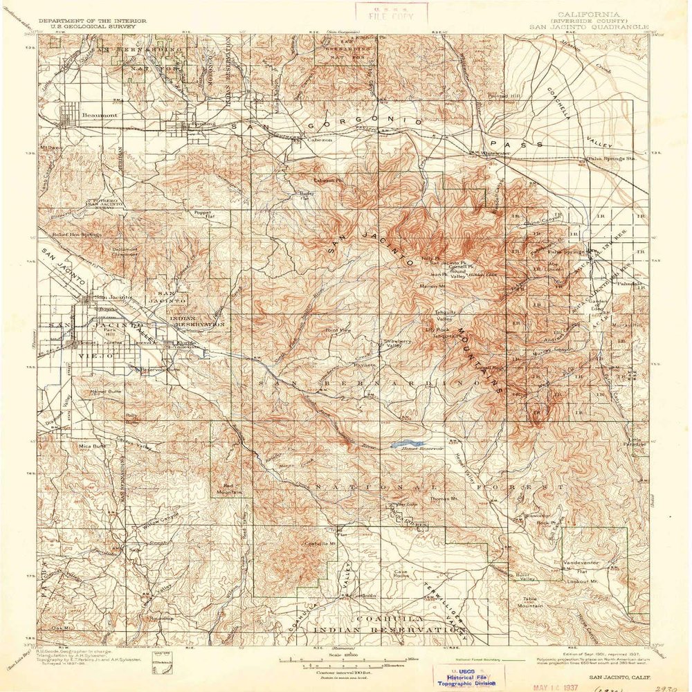 YellowMaps San Jacinto CA topo map, 1:125000 Scale, 30 X 30 Minute, Historical, 1901, Updated 1937, 19.8 x 16.5 in - Tyvek