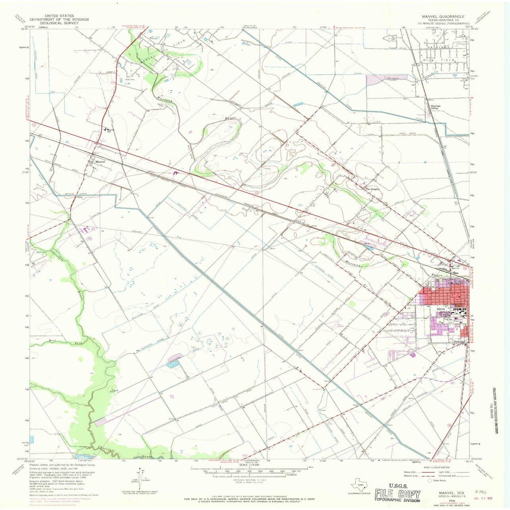 YellowMaps Manvel TX topo map, 1:24000 Scale, 7.5 X 7.5 Minute, Historical, 1956, Updated 1970, 27 x 23.1 in - Polypropylene