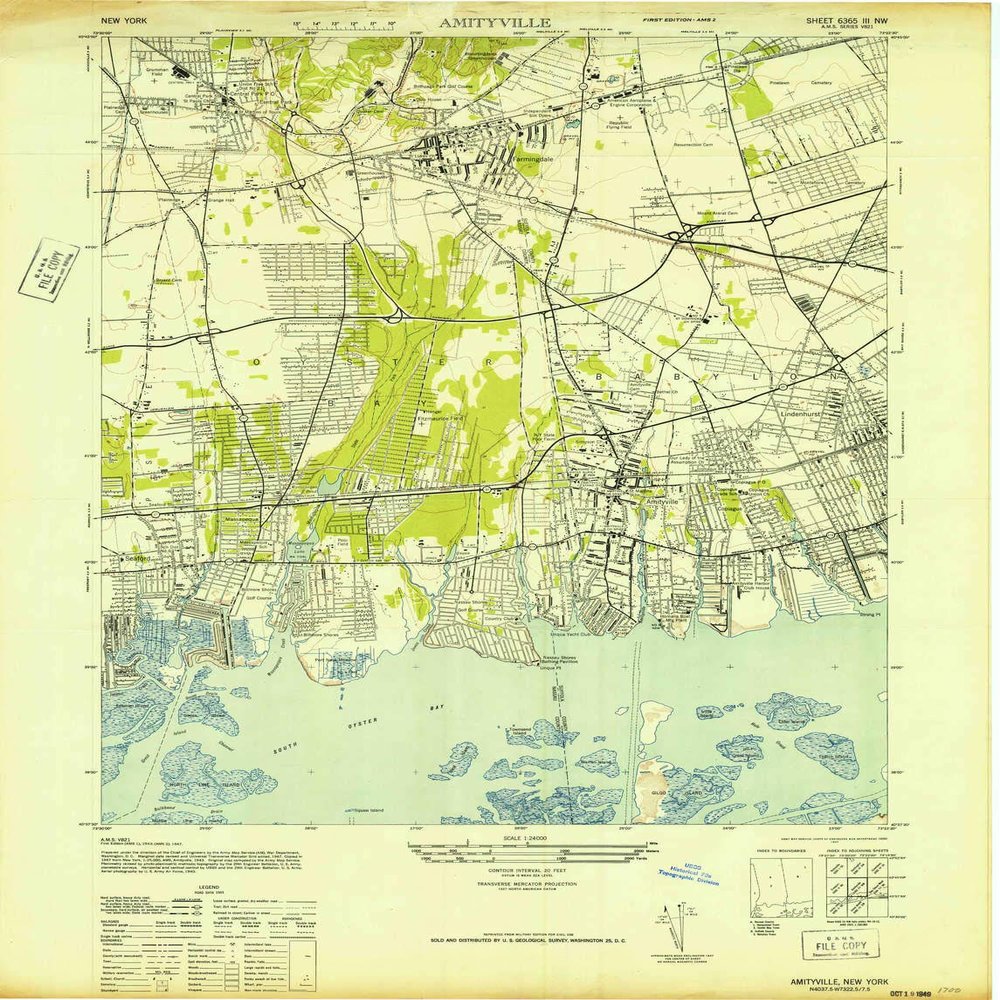 YellowMaps Amityville NY topo map, 1:24000 Scale, 7.5 X 7.5 Minute, Historical, 1947, Updated 1947, 28.8 x 22 in - Polypropylene