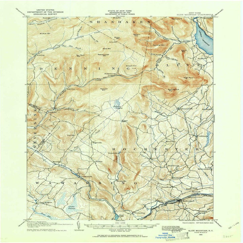 YellowMaps Slide Mountain NY topo map, 1:62500 Scale, 15 X 15 Minute, Historical, 1903, Updated 1961, 20.9 x 17.1 in - Polypropylene