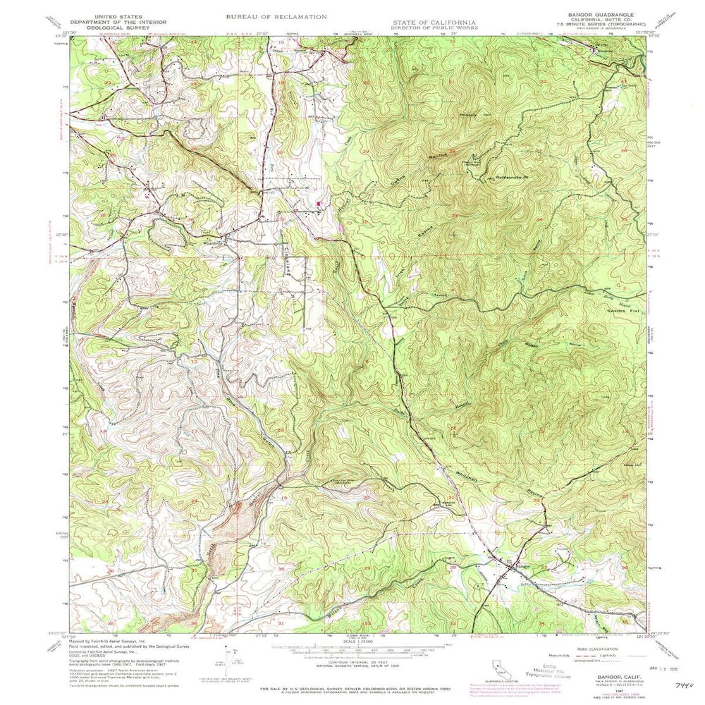 YellowMaps Bangor CA topo map, 1:24000 Scale, 7.5 X 7.5 Minute, Historical, 1947, Updated 1975, 26.9 x 21.6 in - Tyvek
