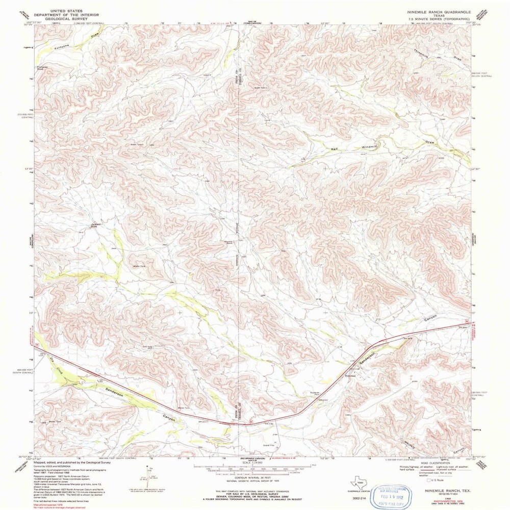 YellowMaps Ninemile Ranch TX topo map, 1:24000 Scale, 7.5 X 7.5 Minute, Historical, 1968, Updated 1992, 26.8 x 23 in - Polypropylene