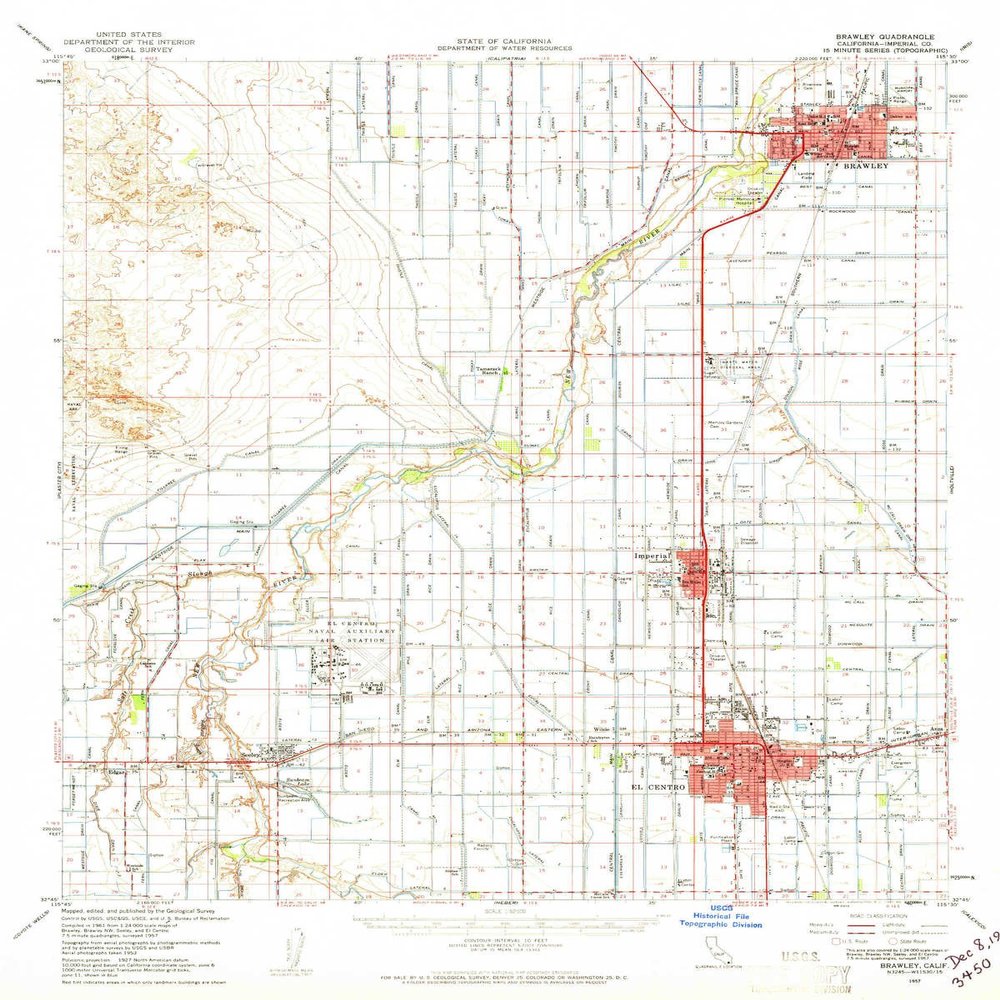 YellowMaps Brawley CA topo map, 1:62500 Scale, 15 X 15 Minute, Historical, 1957, Updated 1961, 20.8 x 16.7 in - Polypropylene