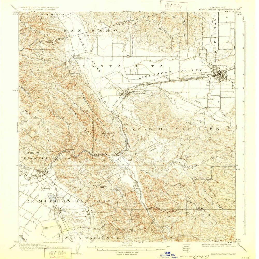YellowMaps Pleasanton CA topo map, 1:62500 Scale, 15 X 15 Minute, Historical, 1906, Updated 1928, 19.7 x 16.6 in - Polypropylene