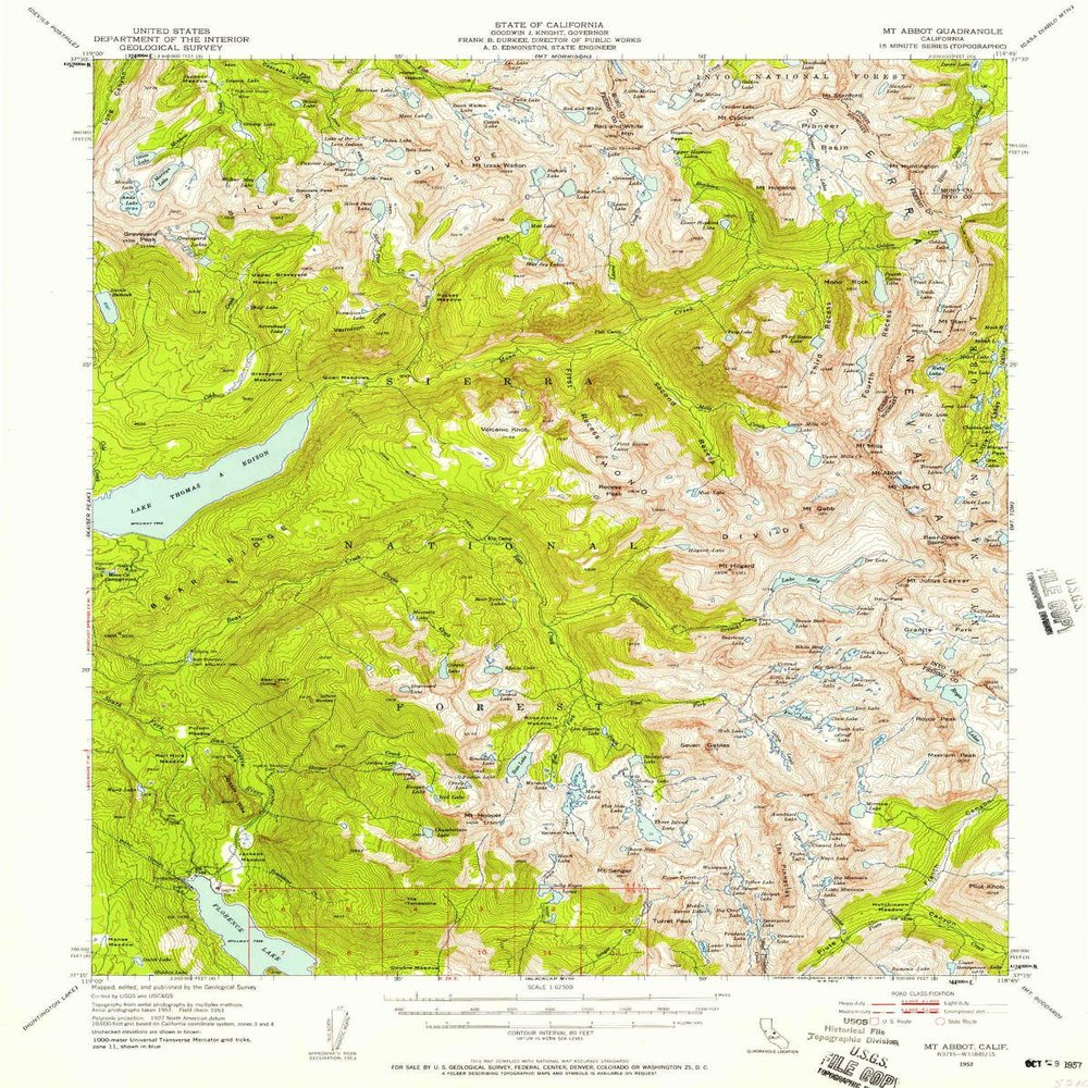 YellowMaps Mt Abbot CA topo map, 1:62500 Scale, 15 X 15 Minute, Historical, 1953, Updated 1957, 20.8 x 16.6 in - Tyvek