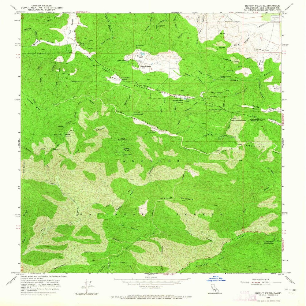 YellowMaps Burnt Peak CA topo map, 1:24000 Scale, 7.5 X 7.5 Minute, Historical, 1958, Updated 1965, 26.8 x 22.1 in - Polypropylene