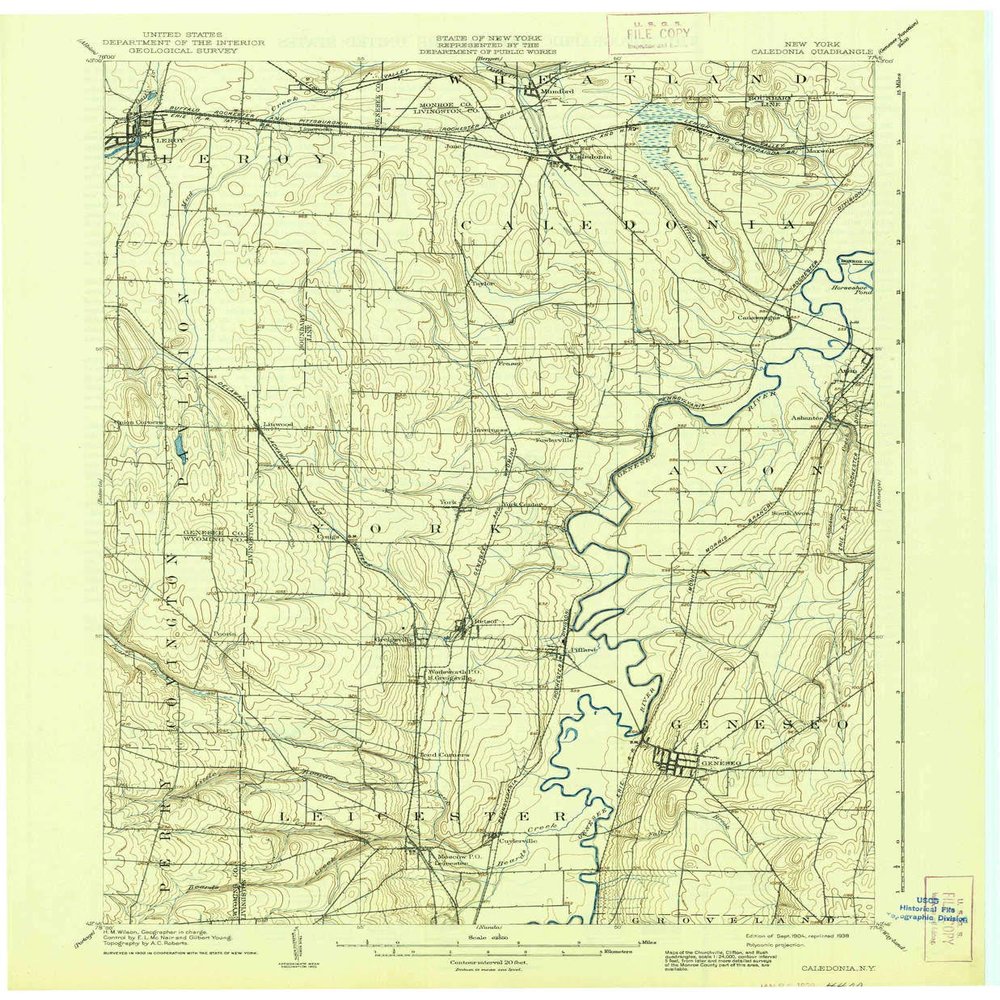 YellowMaps Caledonia NY topo map, 1:62500 Scale, 15 X 15 Minute, Historical, 1904, Updated 1938, 20.2 x 16.6 in - Tyvek