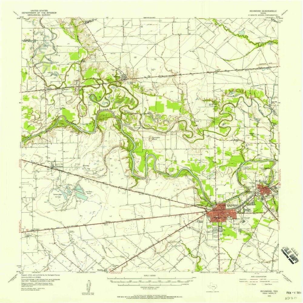 YellowMaps Richmond TX topo map, 1:62500 Scale, 15 X 15 Minute, Historical, 1955, Updated 1958, 20.9 x 18 in - Polypropylene