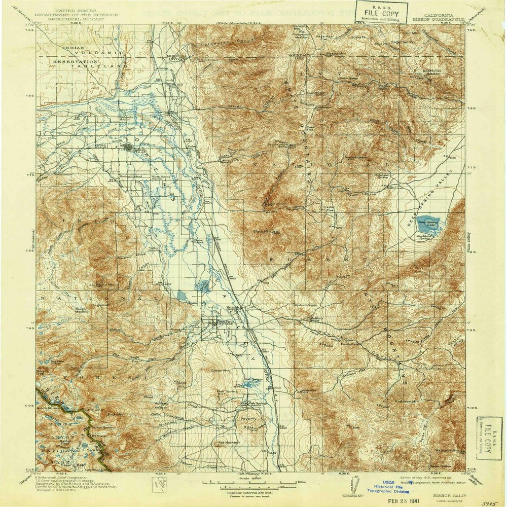 YellowMaps Bishop CA topo map, 1:125000 Scale, 30 X 30 Minute, Historical, 1913, Updated 1941, 19.8 x 16.5 in - Polypropylene