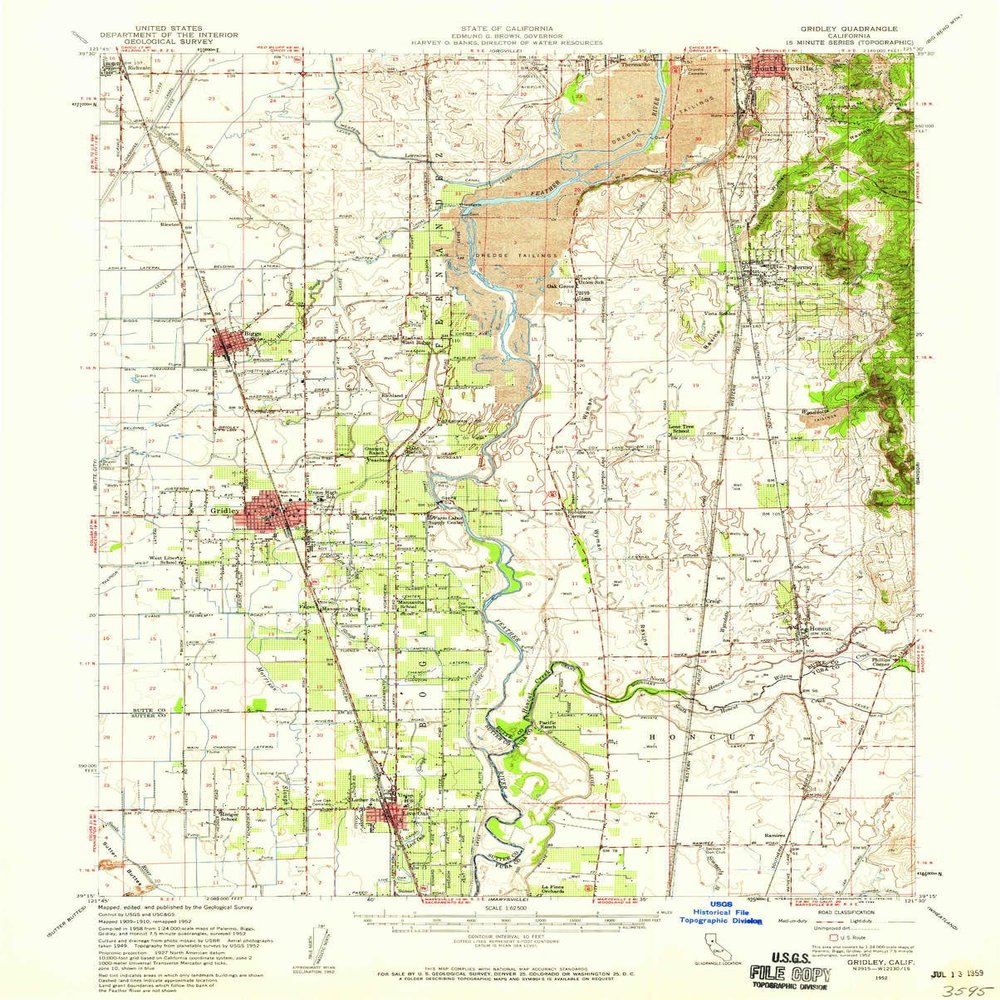 YellowMaps Gridley CA topo map, 1:62500 Scale, 15 X 15 Minute, Historical, 1952, Updated 1959, 20.7 x 16.6 in - Tyvek