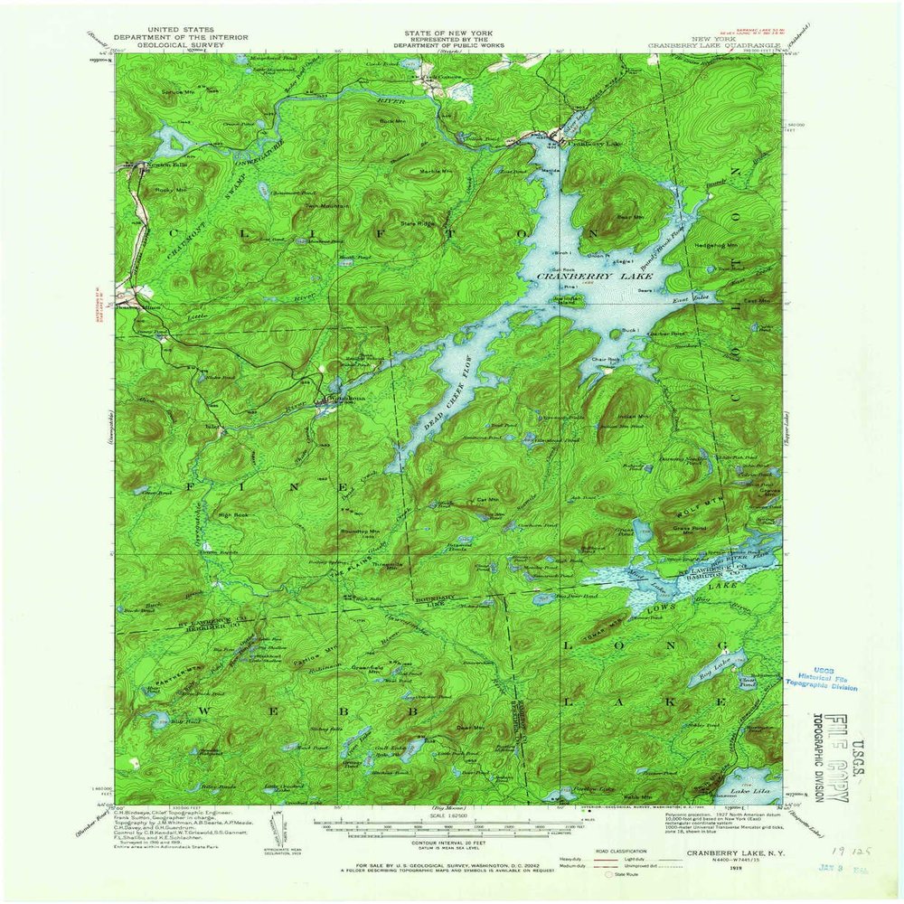 YellowMaps Cranberry Lake NY topo map, 1:62500 Scale, 15 X 15 Minute, Historical, 1919, Updated 1965, 21 x 17 in - Tyvek