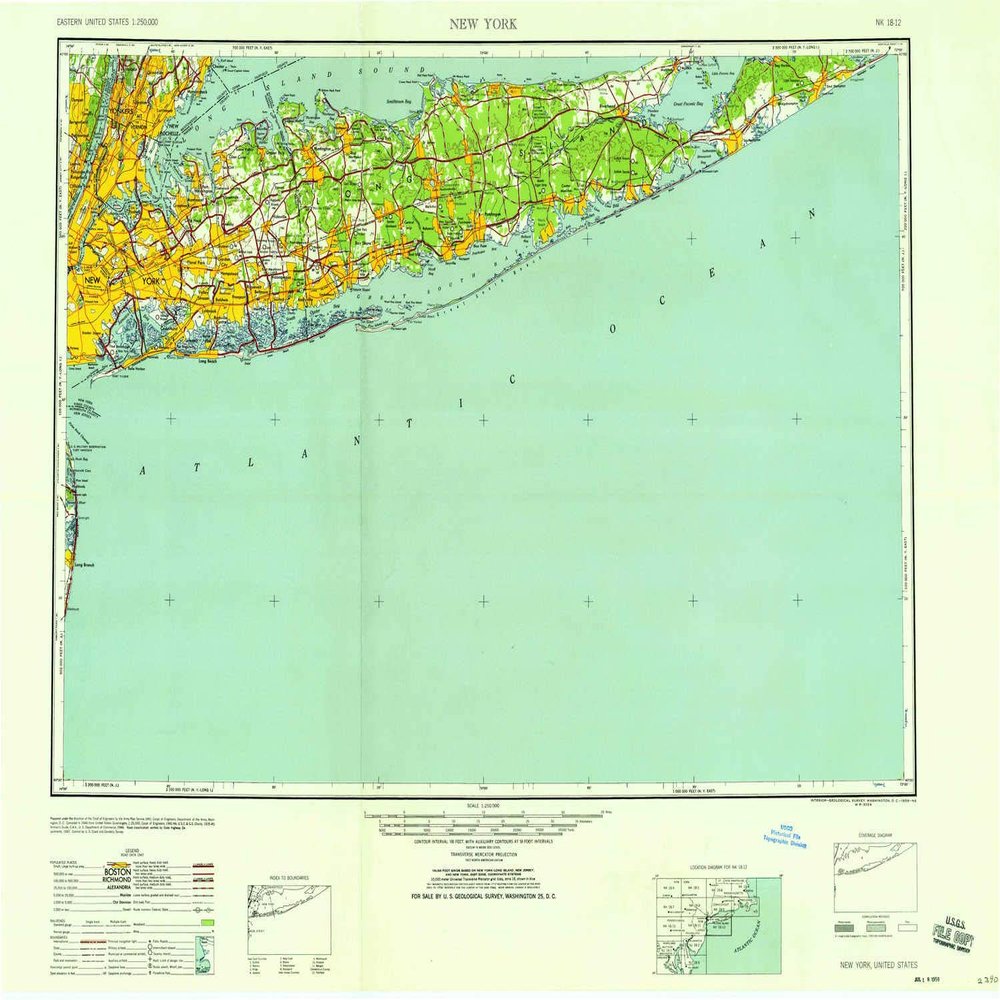 YellowMaps New York NY topo map, 1:250000 Scale, 1 X 2 Degree, Historical, 1958, 24.1 x 32.3 in - Polypropylene