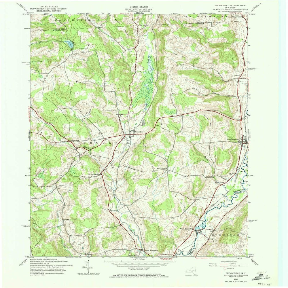 YellowMaps Brookfield NY topo map, 1:24000 Scale, 7.5 X 7.5 Minute, Historical, 1943, Updated 1973, 26.9 x 22.1 in - Tyvek