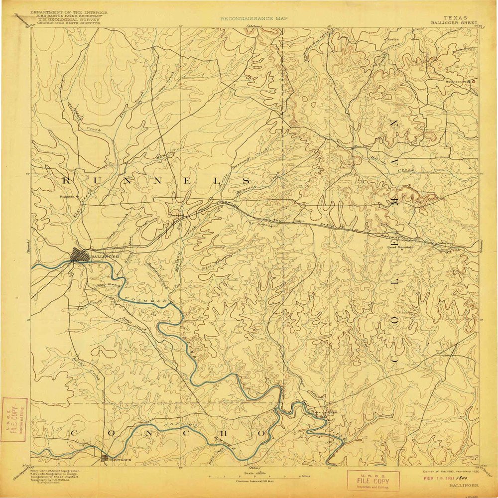 YellowMaps Ballinger TX topo map, 1:125000 Scale, 30 X 30 Minute, Historical, 1892, Updated 1920, 19.8 x 16.6 in - Tyvek