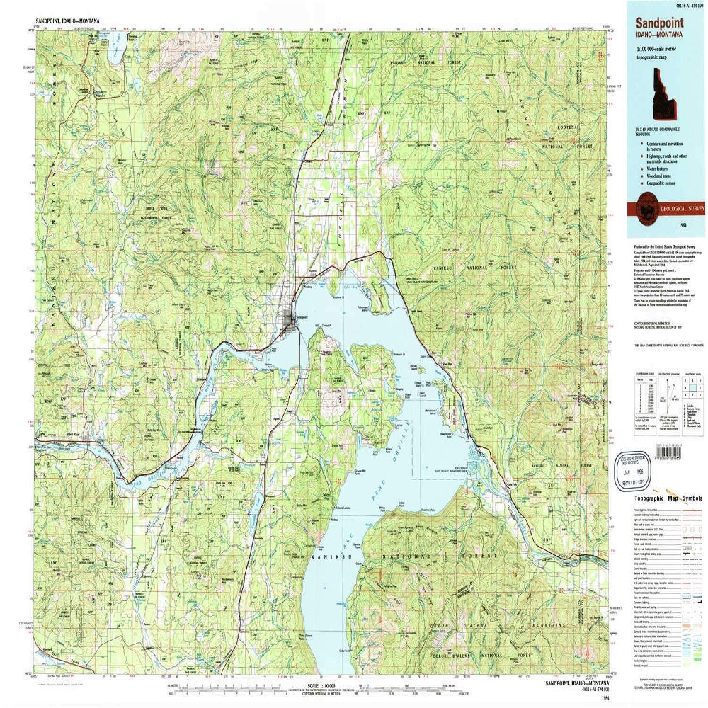 YellowMaps Sandpoint ID topo map, 1:100000 Scale, 30 X 60 Minute, Historical, 1984, Updated 1984, 24.1 x 36.1 in - Polypropylene