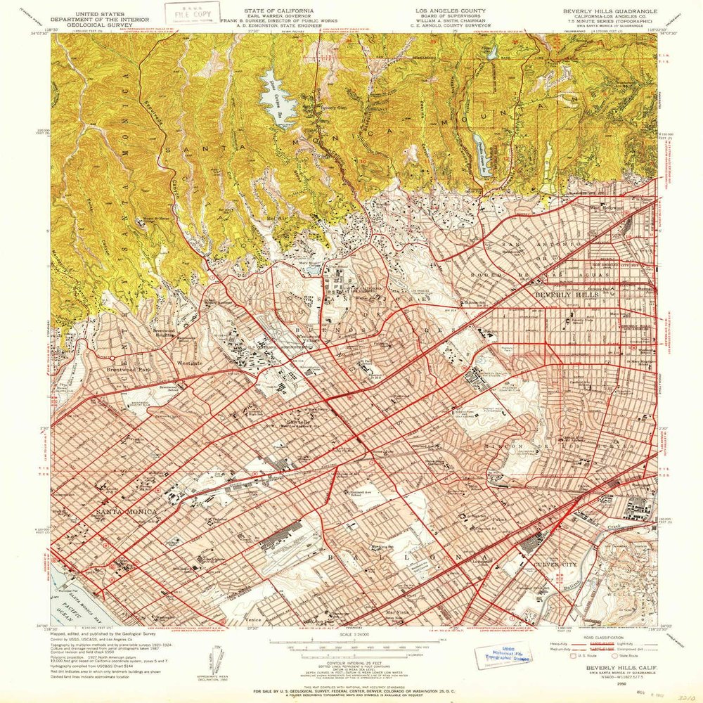 YellowMaps Beverly Hills CA topo map, 1:24000 Scale, 7.5 X 7.5 Minute, Historical, 1950, Updated 1952, 27 x 21.9 in - Polypropylene