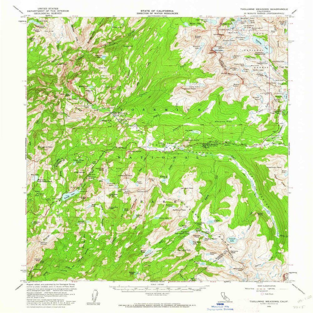YellowMaps Tuolumne Meadows CA topo map, 1:62500 Scale, 15 X 15 Minute, Historical, 1956, Updated 1962, 20.7 x 16.6 in - Tyvek