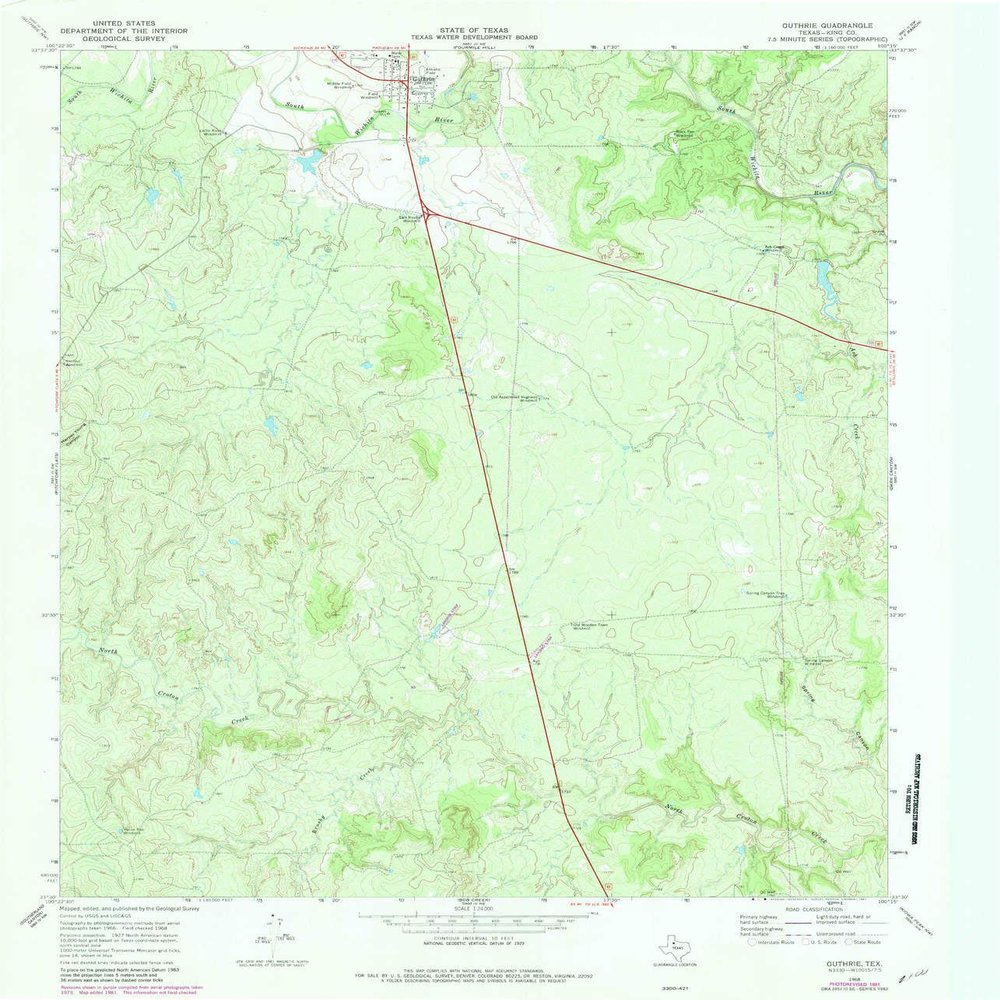 YellowMaps Guthrie TX topo map, 1:24000 Scale, 7.5 X 7.5 Minute, Historical, 1968, Updated 1981, 26.9 x 23 in - Tyvek