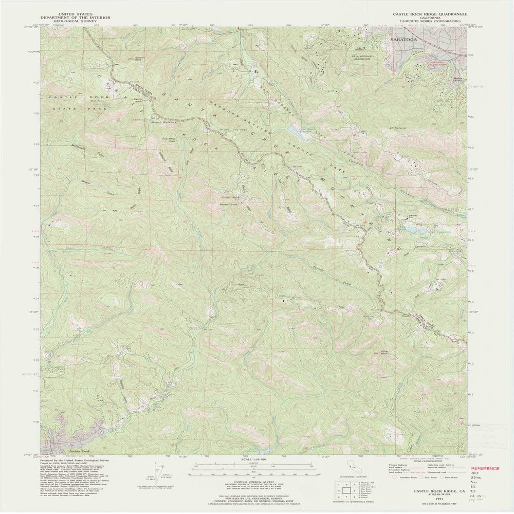 YellowMaps Castle Rock Ridge CA topo map, 1:24000 Scale, 7.5 X 7.5 Minute, Historical, 1991, Updated 1995, 27.3 x 21.9 in - Polypropylene