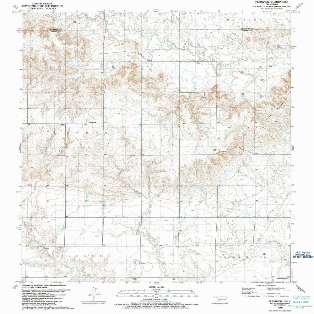 YellowMaps Plainview OK topo map, 1:24000 Scale, 7.5 X 7.5 Minute, Historical, 1989, Updated 1989, 26.4 x 21.8 in - Polypropylene