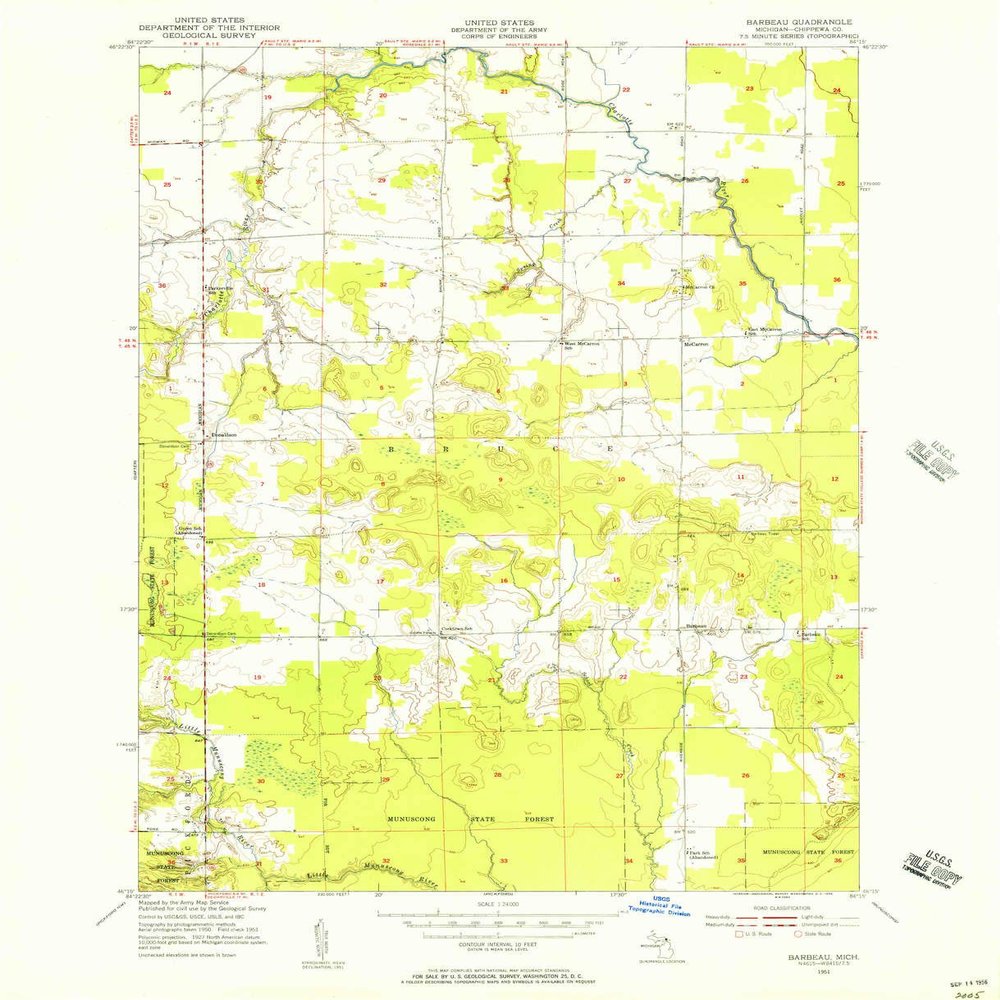 YellowMaps Barbeau MI topo map, 1:24000 Scale, 7.5 X 7.5 Minute, Historical, 1951, Updated 1956, 27 x 21.9 in - Tyvek