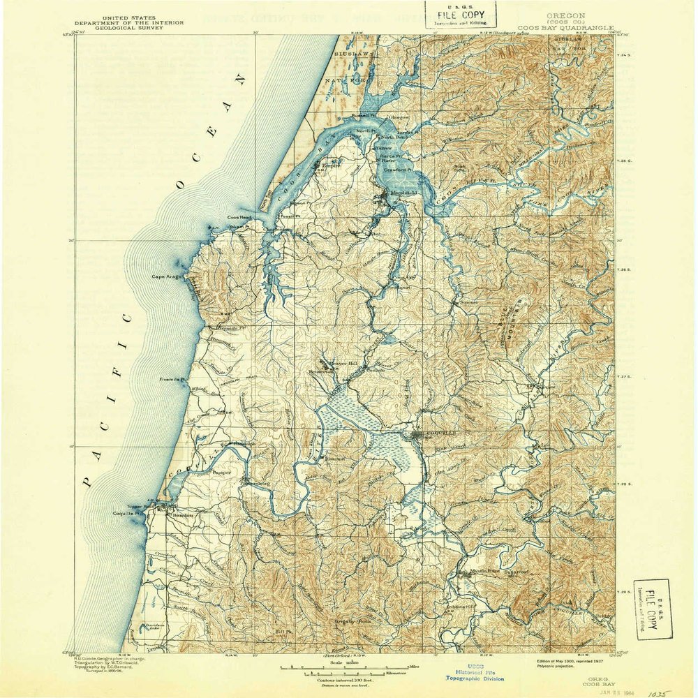 YellowMaps Coos Bay OR topo map, 1:125000 Scale, 30 X 30 Minute, Historical, 1900, Updated 1937, 19.7 x 16.6 in - Polypropylene