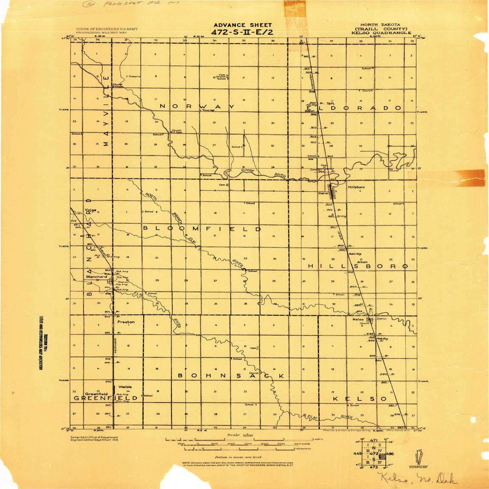 Kelso ND topo map, 1:62500 Scale, 15 X 15 Minute, Historical, 1918, 21.9 x 16.8 in - Tyvek