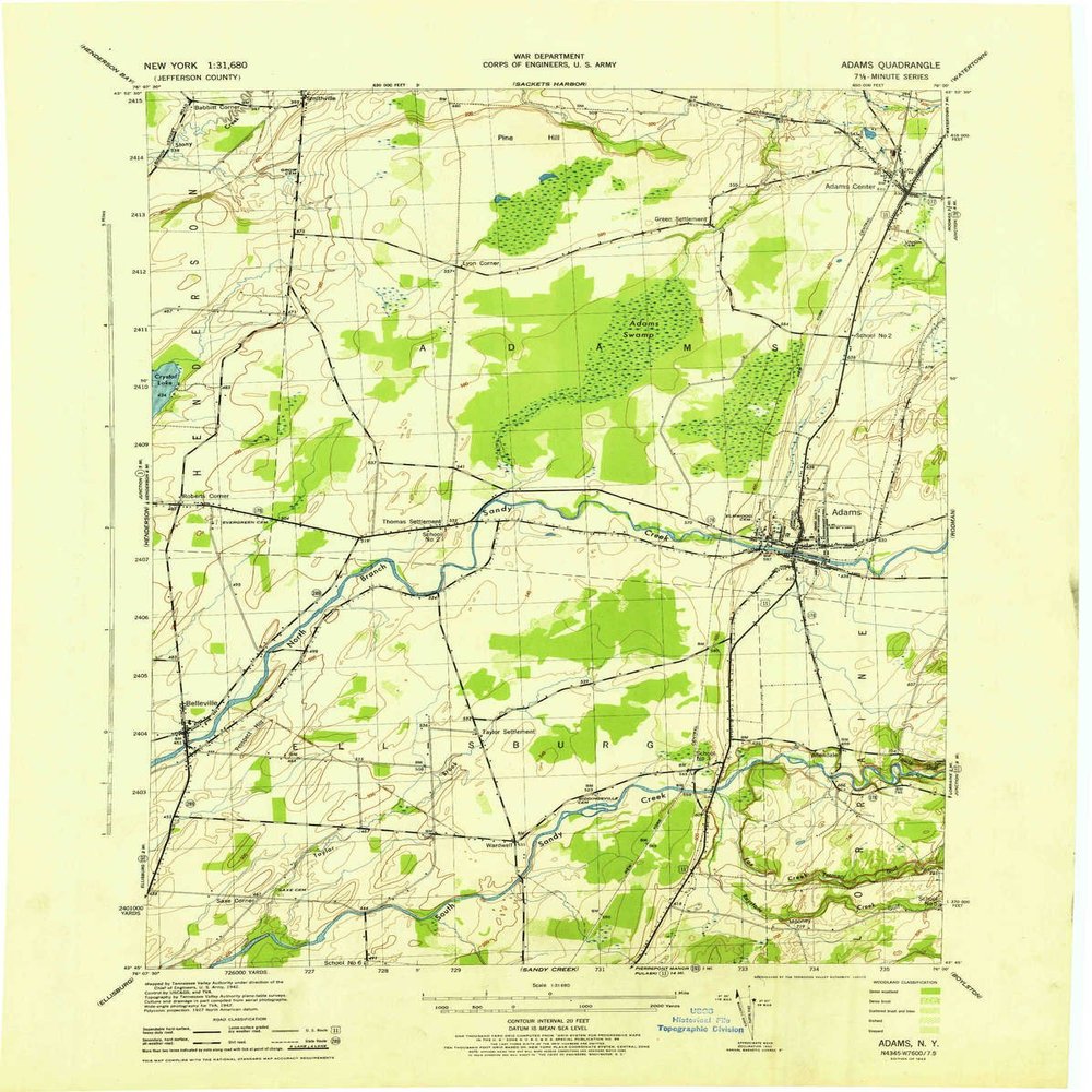 YellowMaps Adams NY topo map, 1:31680 Scale, 7.5 X 7.5 Minute, Historical, 1943, 21.4 x 17 in - Polypropylene