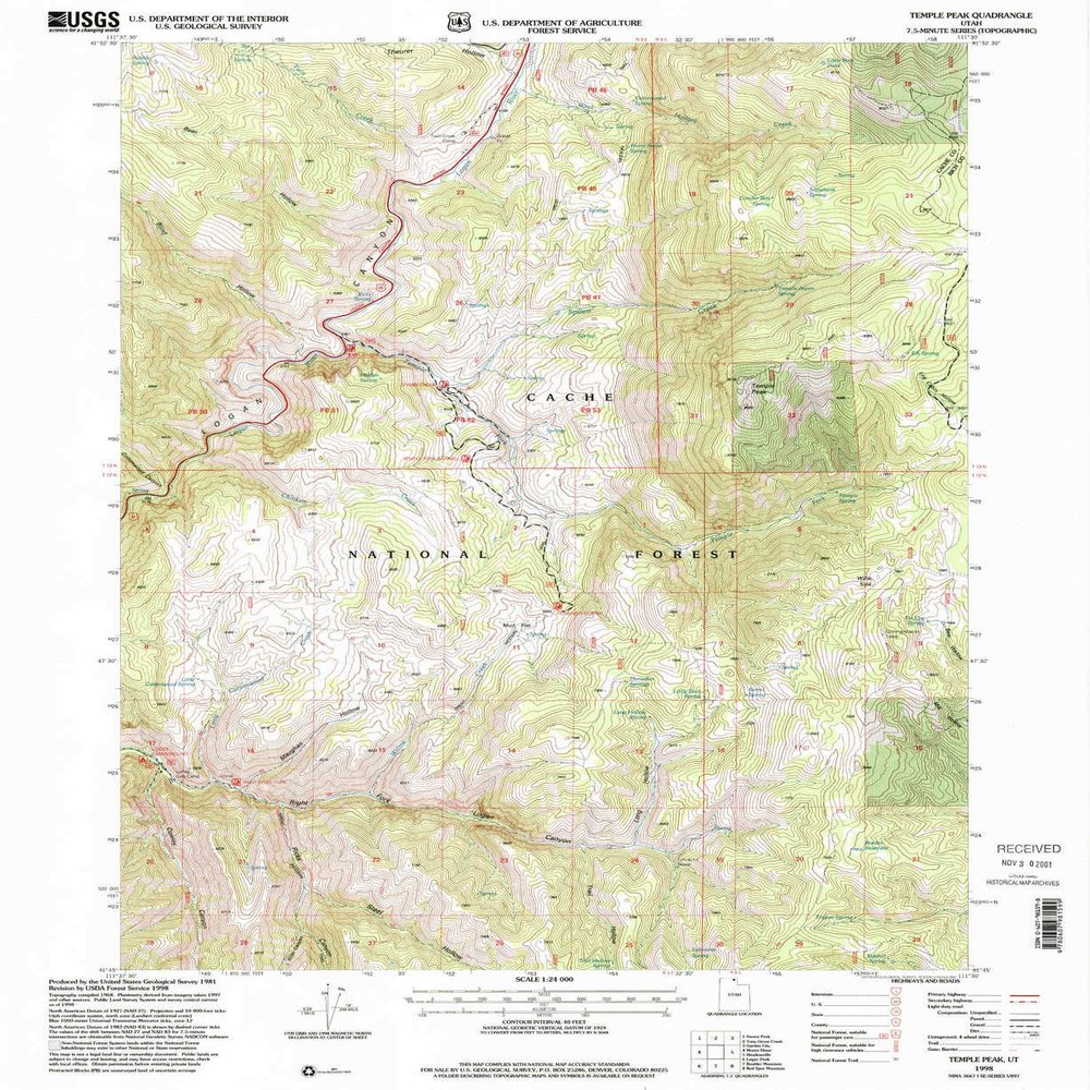YellowMaps Temple Peak UT topo map, 1:24000 Scale, 7.5 X 7.5 Minute, Historical, 1998, Updated 2001, 26.7 x 21.8 in - Tyvek