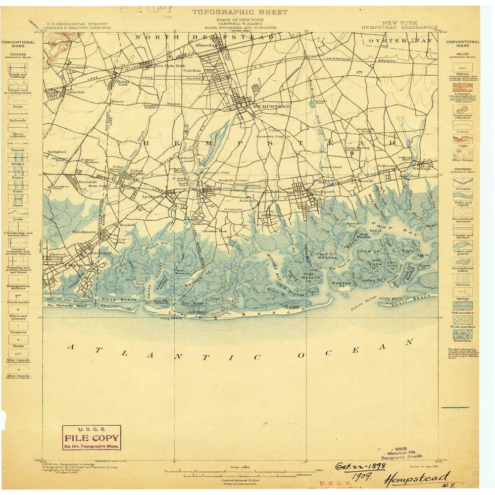 YellowMaps Hempstead NY topo map, 1:62500 Scale, 15 X 15 Minute, Historical, 1898, 20.2 x 16.6 in - Tyvek