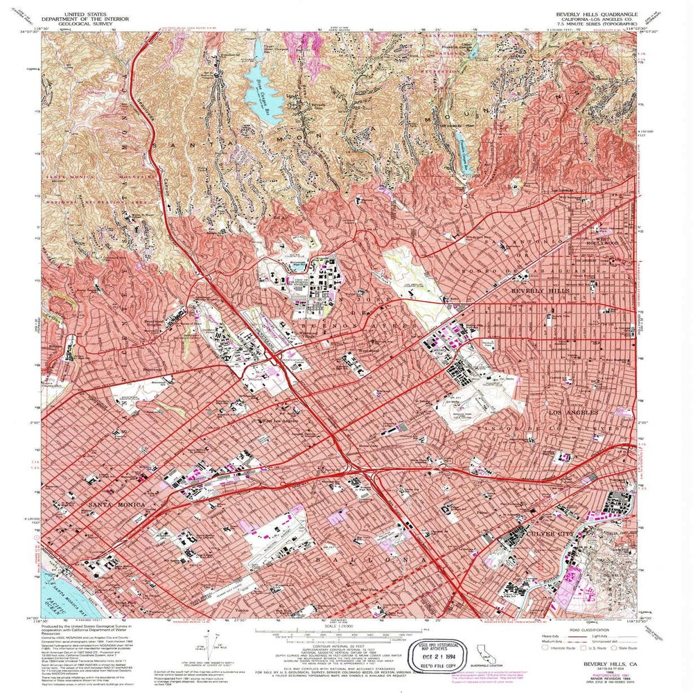 YellowMaps Beverly Hills CA topo map, 1:24000 Scale, 7.5 X 7.5 Minute, Historical, 1966, Updated 1994, 26.8 x 22 in - Polypropylene