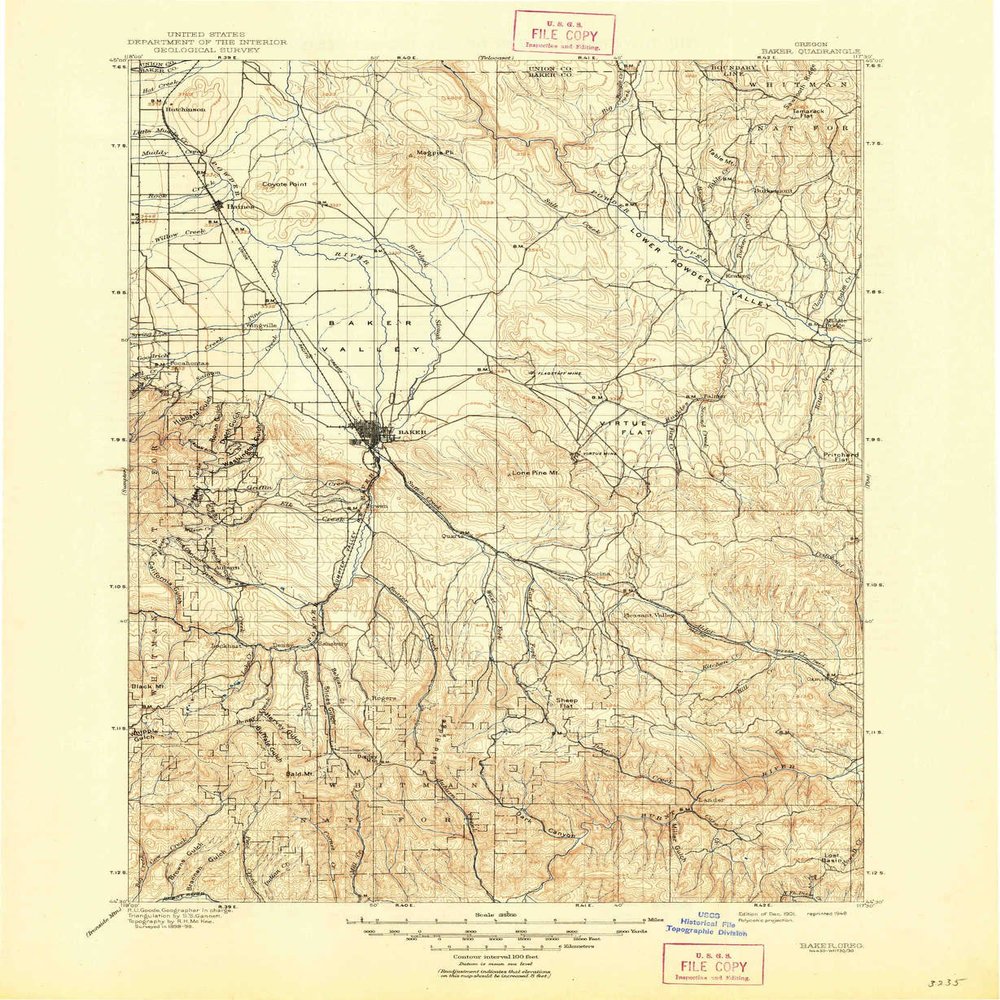 YellowMaps Baker OR topo map, 1:125000 Scale, 30 X 30 Minute, Historical, 1901, Updated 1948, 20.8 x 17 in - Polypropylene