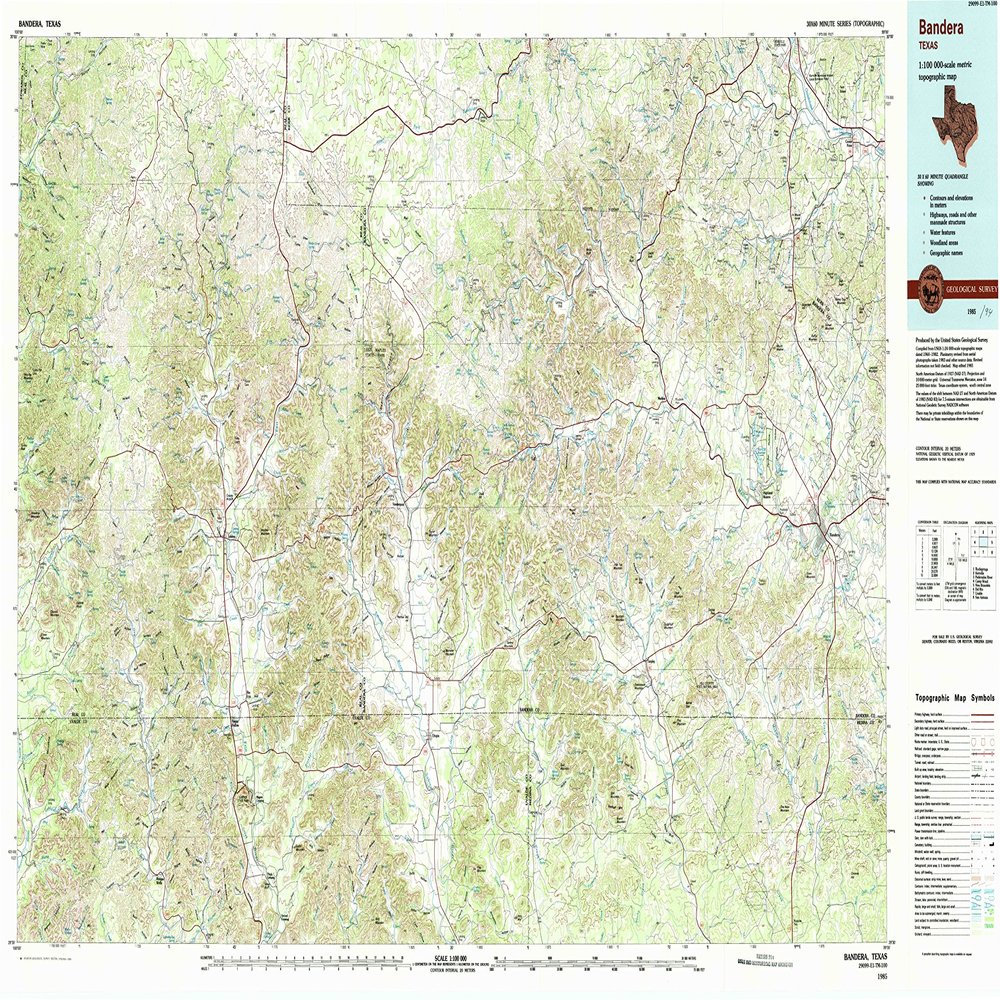 YellowMaps Bandera TX topo map, 1:100000 Scale, 30 X 60 Minute, Historical, 1985, Updated 1994, 24.1 x 43.9 in - Polypropylene