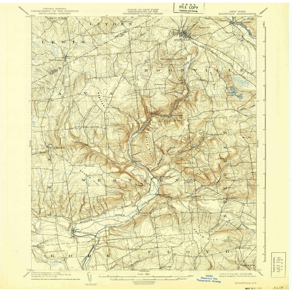 YellowMaps Boonville NY topo map, 1:62500 Scale, 15 X 15 Minute, Historical, 1904, Updated 1939, 20.1 x 16.6 in - Polypropylene