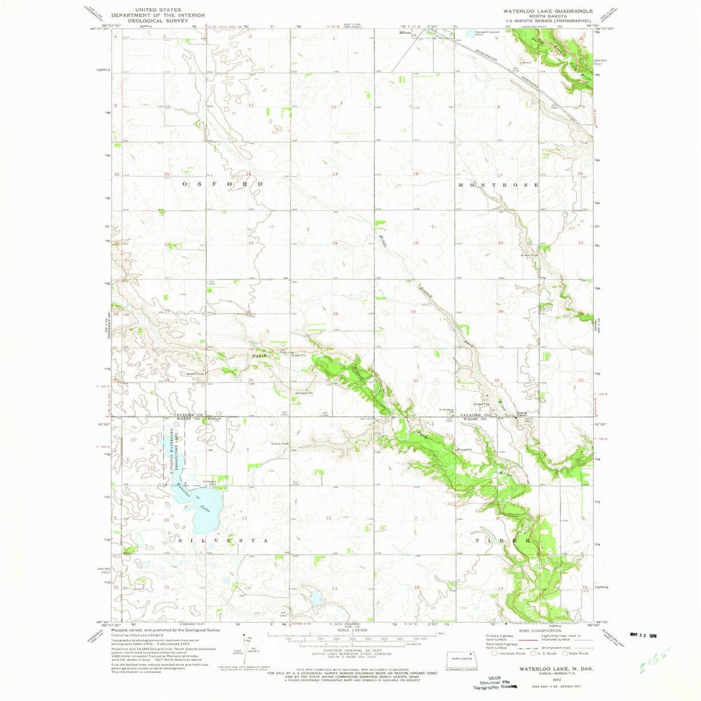 Waterloo Lake ND topo map, 1:24000 Scale, 7.5 X 7.5 Minute, Historical, 1972, Updated 1975, 27.2 x 22.2 in - Polypropylene