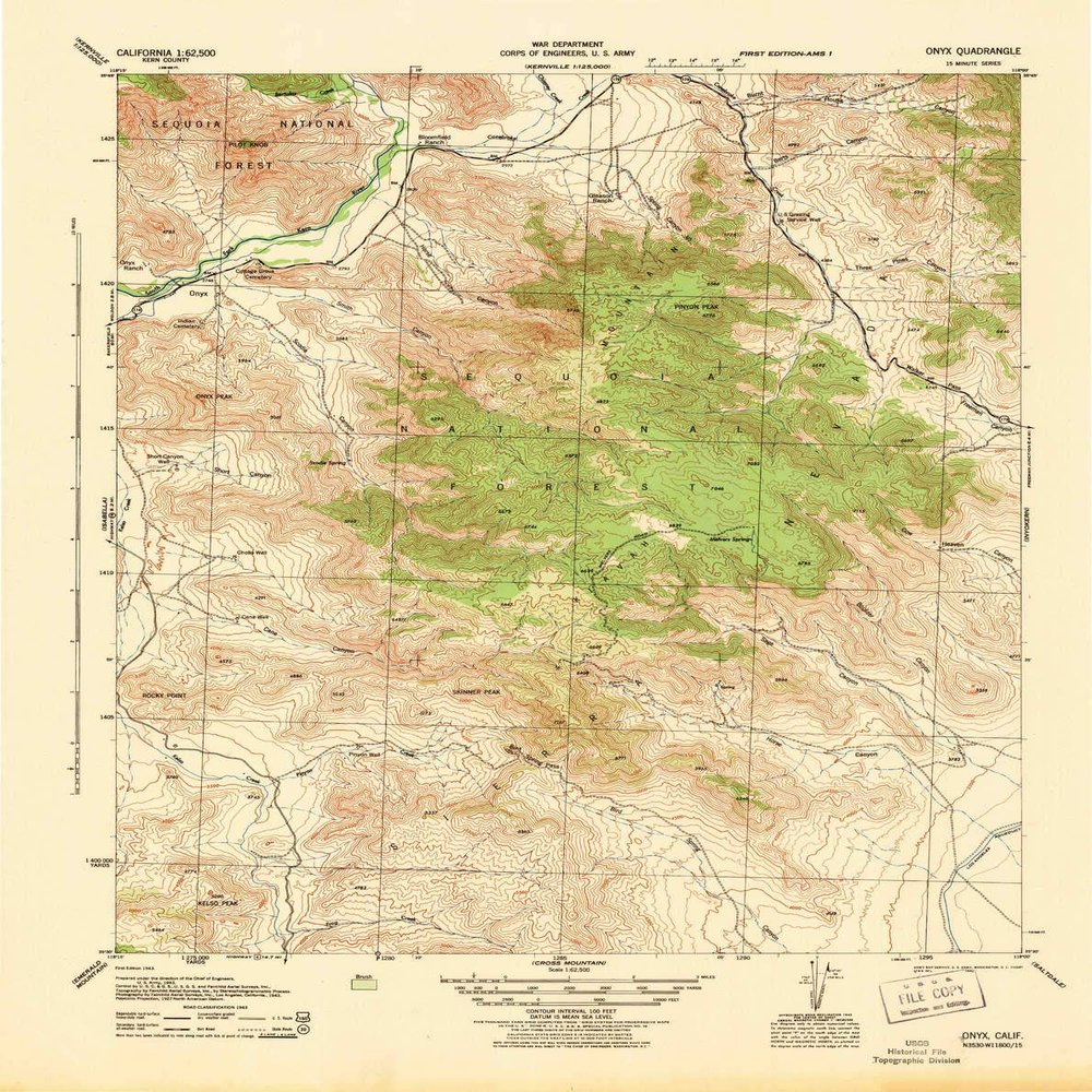 YellowMaps Onyx CA topo map, 1:62500 Scale, 15 X 15 Minute, Historical, 1943, Updated 1943, 21.7 x 17.2 in - Tyvek