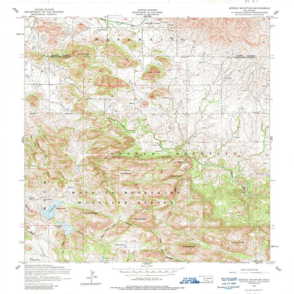 YellowMaps Saddle Mountain OK topo map, 1:24000 Scale, 7.5 X 7.5 Minute, Historical, 1956, Updated 1989, 27.4 x 22.5 in - Polypropylene