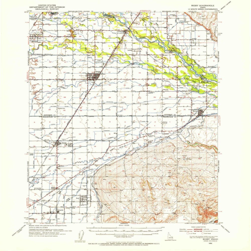 YellowMaps Rigby ID topo map, 1:62500 Scale, 15 X 15 Minute, Historical, 1950, Updated 1953, 20.8 x 16.9 in - Polypropylene