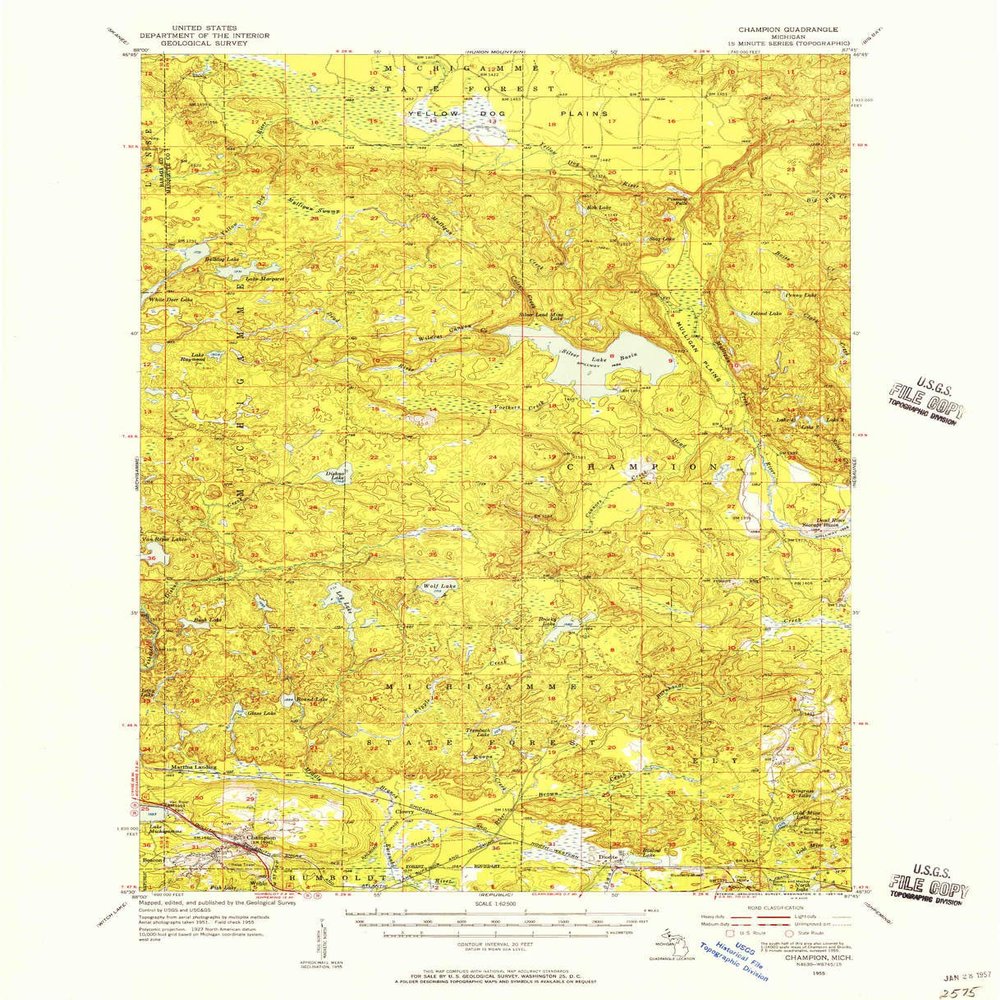 YellowMaps Champion MI topo map, 1:62500 Scale, 15 X 15 Minute, Historical, 1955, Updated 1957, 20.9 x 17 in - Polypropylene
