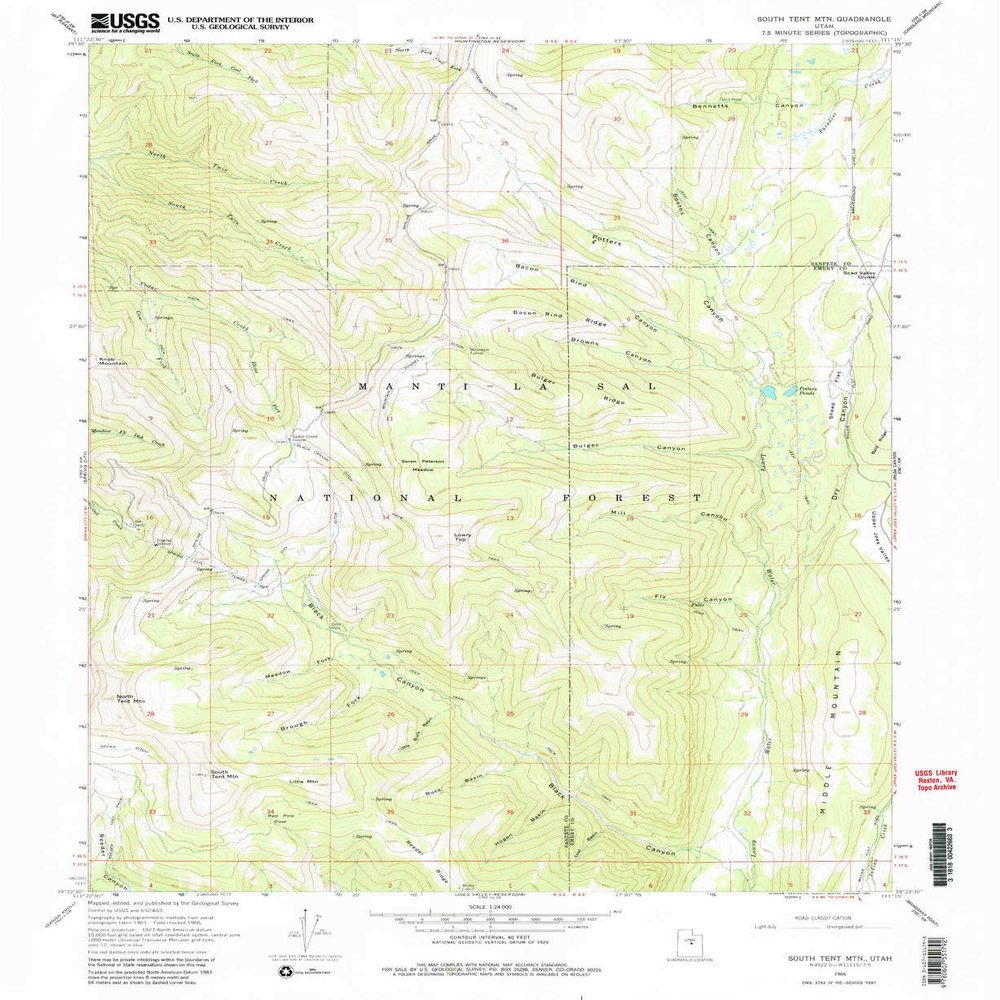 YellowMaps South Tent Mountain UT topo map, 1:24000 Scale, 7.5 X 7.5 Minute, Historical, 1966, Updated 1980, 26.9 x 22 in - Polypropylene