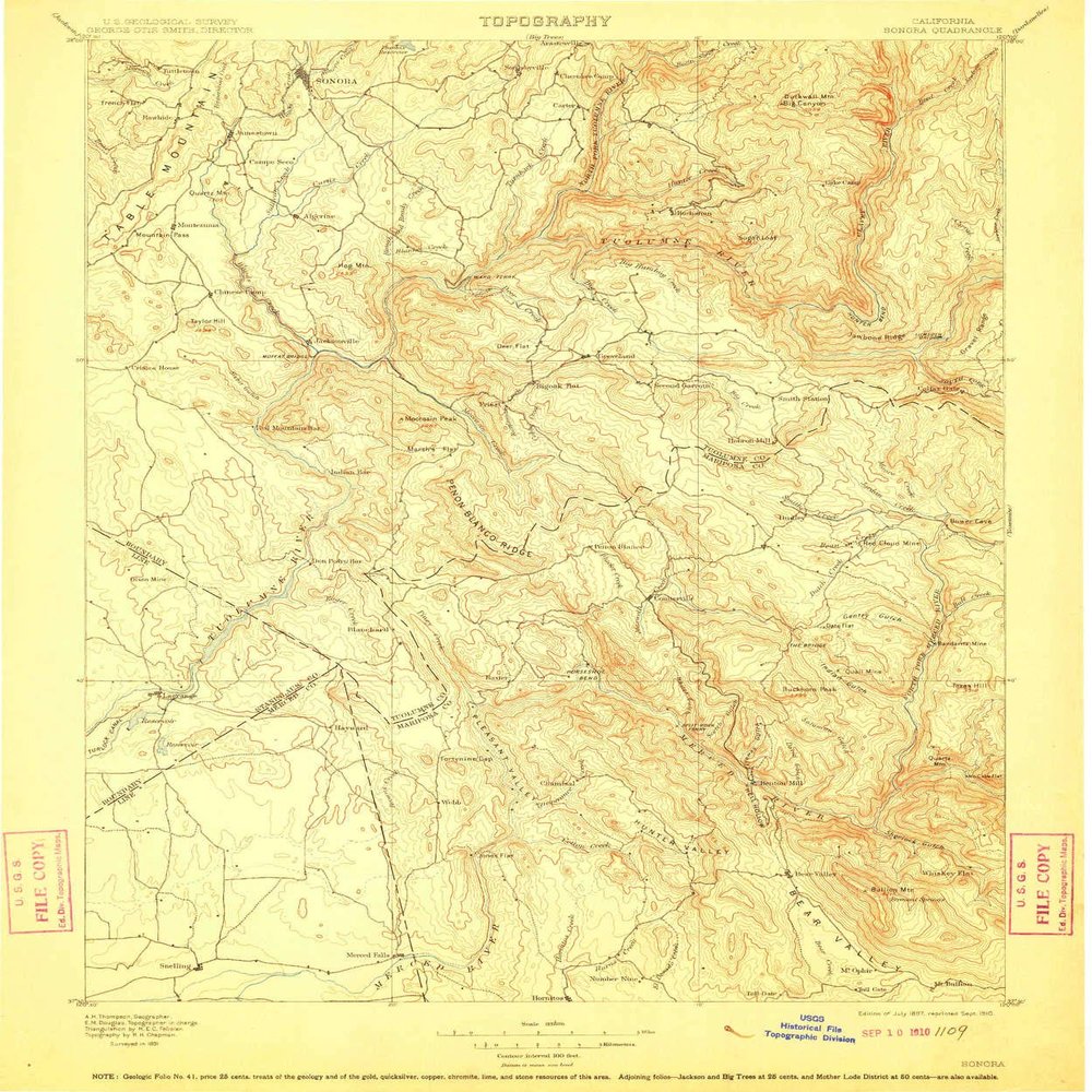 YellowMaps Sonora CA topo map, 1:125000 Scale, 30 X 30 Minute, Historical, 1897, Updated 1910, 19.9 x 16.5 in - Tyvek