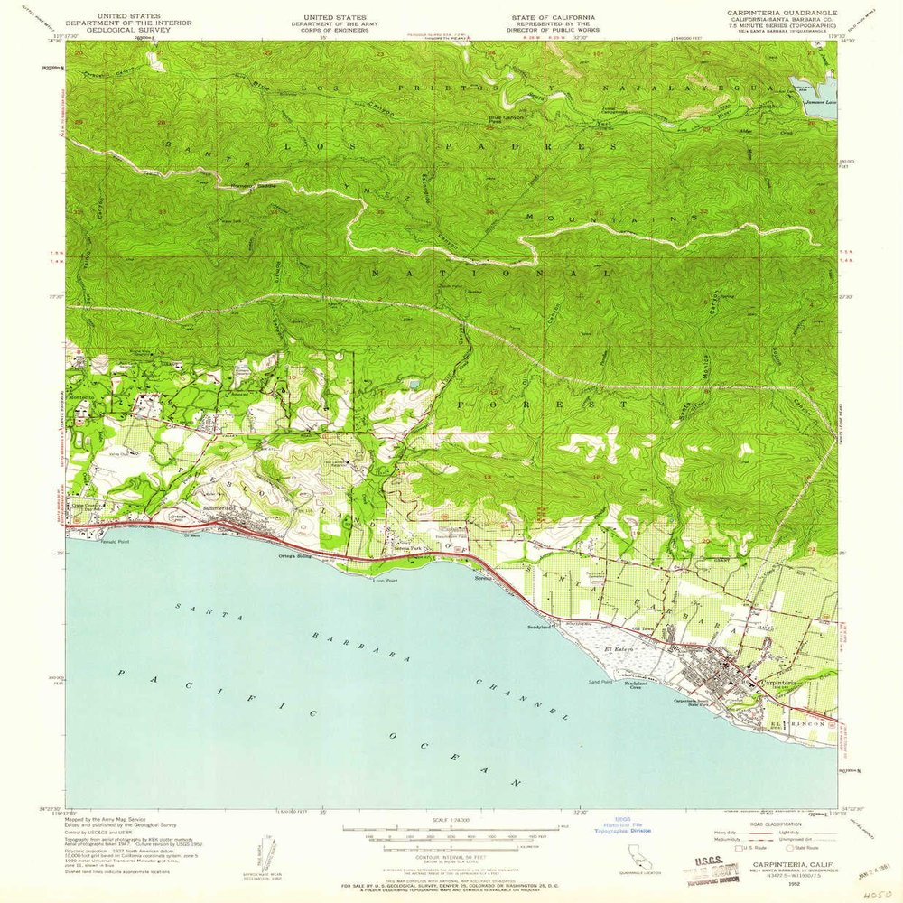 YellowMaps Carpinteria CA topo map, 1:24000 Scale, 7.5 X 7.5 Minute, Historical, 1952, Updated 1961, 26.7 x 22 in - Tyvek