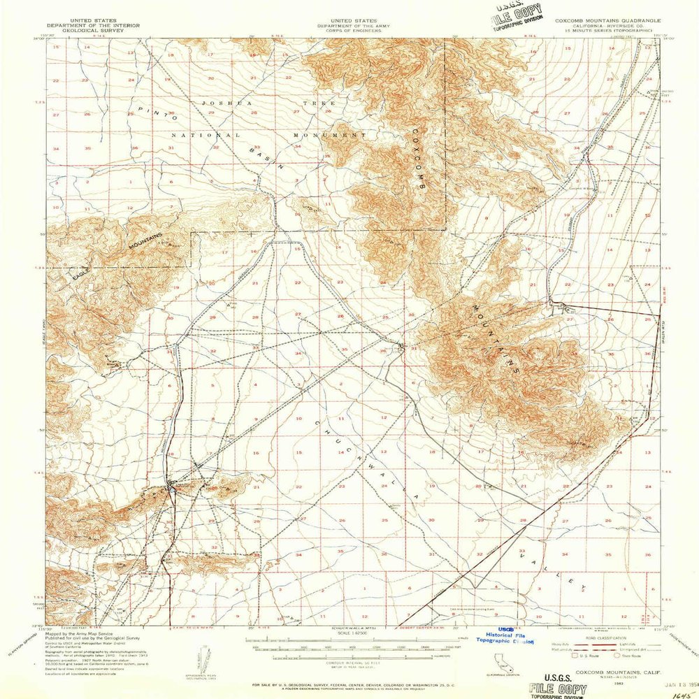 YellowMaps Coxcomb Mountains CA topo map, 1:62500 Scale, 15 X 15 Minute, Historical, 1943, Updated 1956, 20.8 x 16.6 in - Tyvek