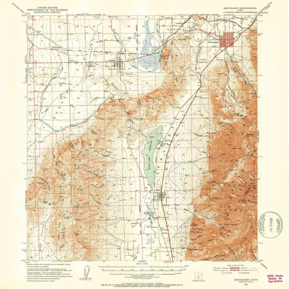 YellowMaps Santaquin UT topo map, 1:62500 Scale, 15 X 15 Minute, Historical, 1951, Updated 1953, 20.6 x 16.9 in - Polypropylene