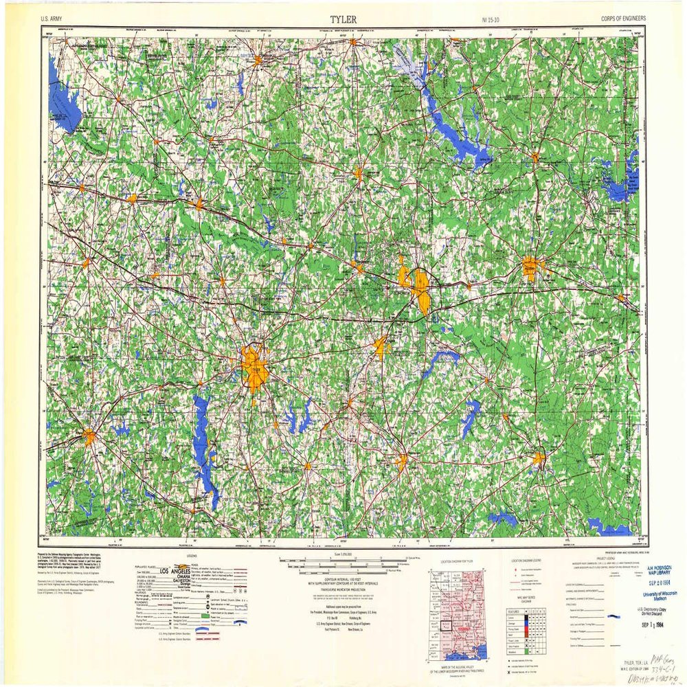 YellowMaps Tyler TX topo map, 1:250000 Scale, 1 X 2 Degree, Historical, 1984, Updated 1984, 24 x 34.3 in - Polypropylene