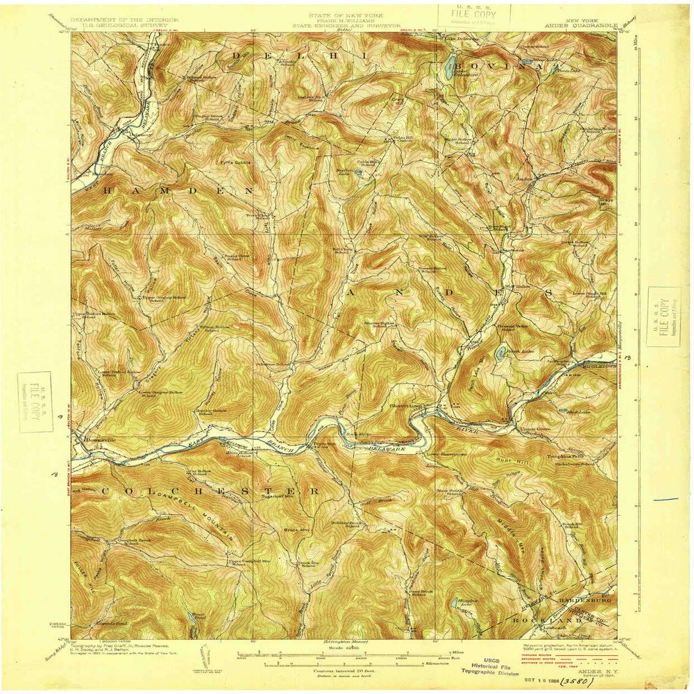 YellowMaps Andes NY topo map, 1:62500 Scale, 15 X 15 Minute, Historical, 1924, 19.9 x 16.5 in - Tyvek